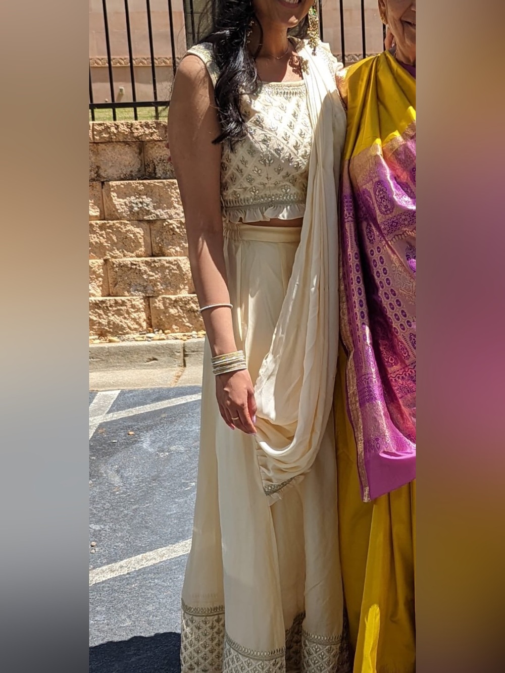 Elegant Cream Embellished Women's Predaped  Lehenga Set with Pants